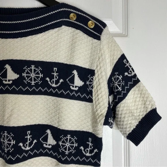 Sweaters Coastal Grandmother Short Sleeve Knit Sweater Navy And